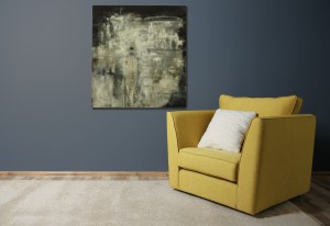 Green armchair on dark grey wall background